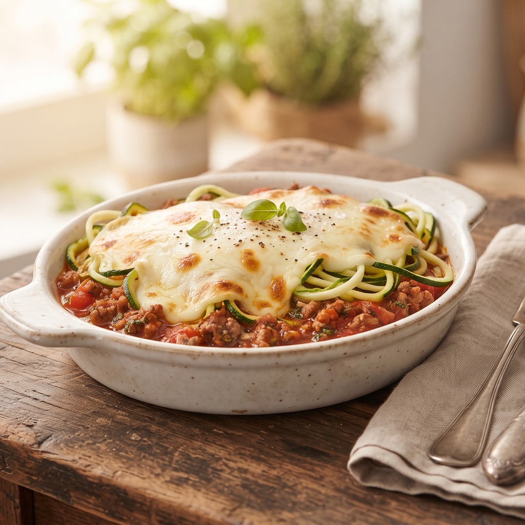 Bœuf haché à la tomate, nouilles de courgette et mozzarella