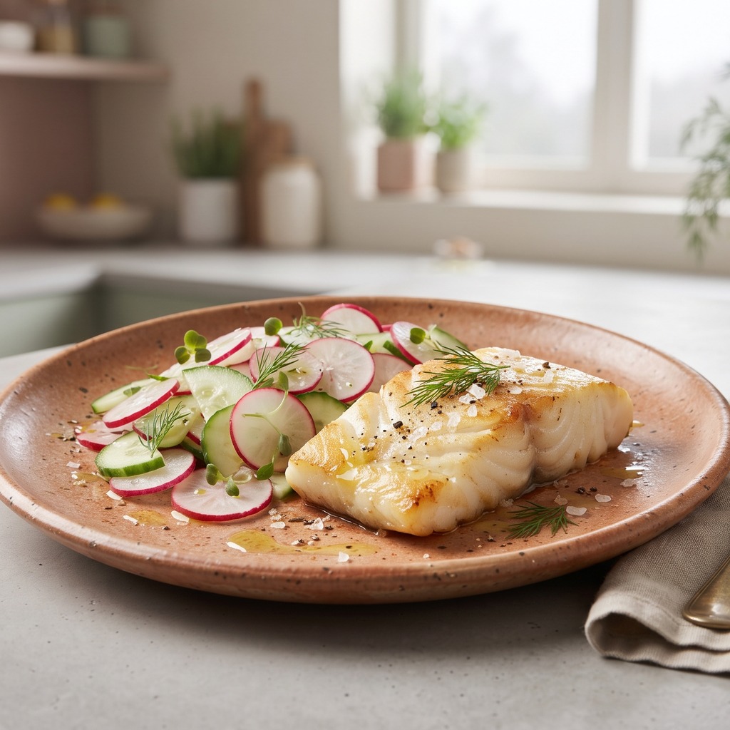 Cabillaud grillé au paprika fumé, salade de radis et concombre