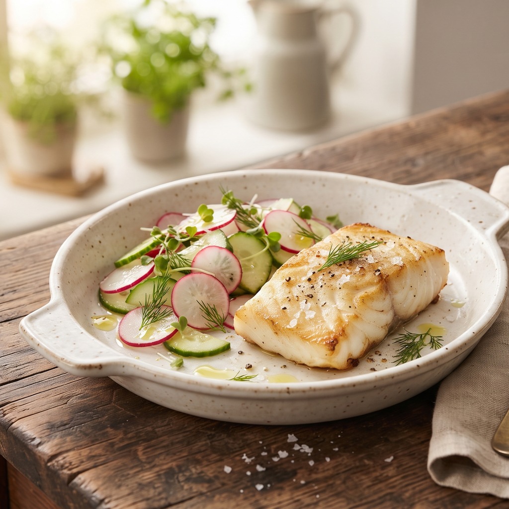 Cabillaud grillé au paprika fumé, salade de radis et concombre