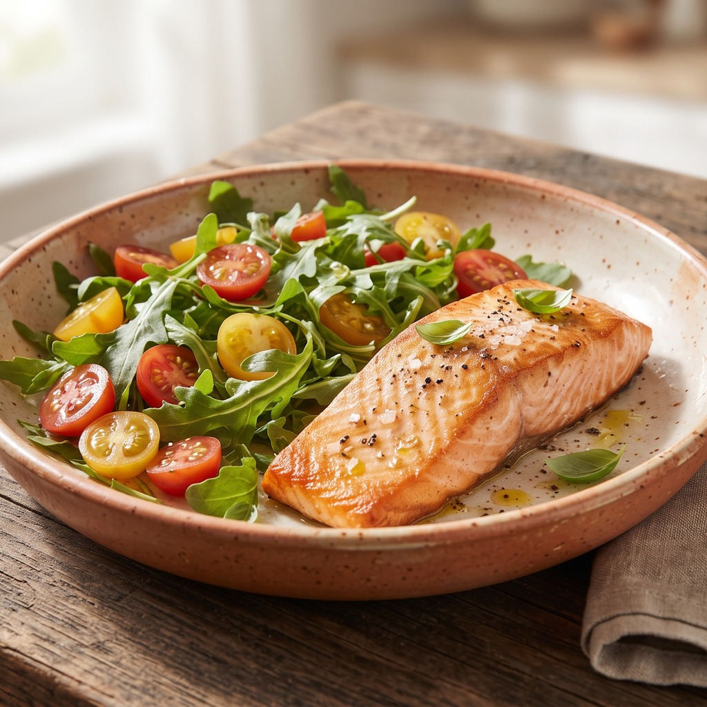 Saumon grillé au paprika fumé, roquette et oignon rouge