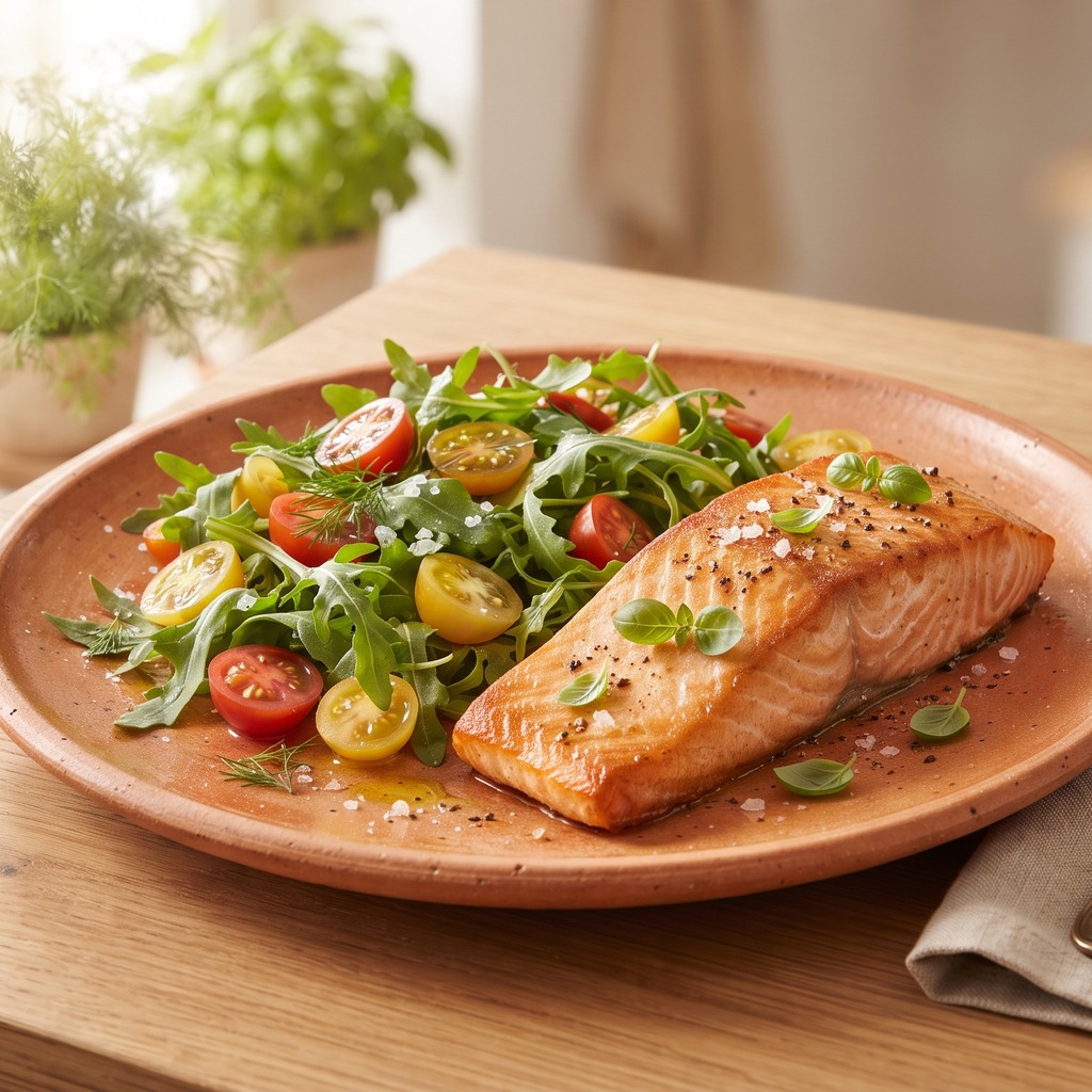 Saumon grillé au paprika fumé, roquette et oignon rouge