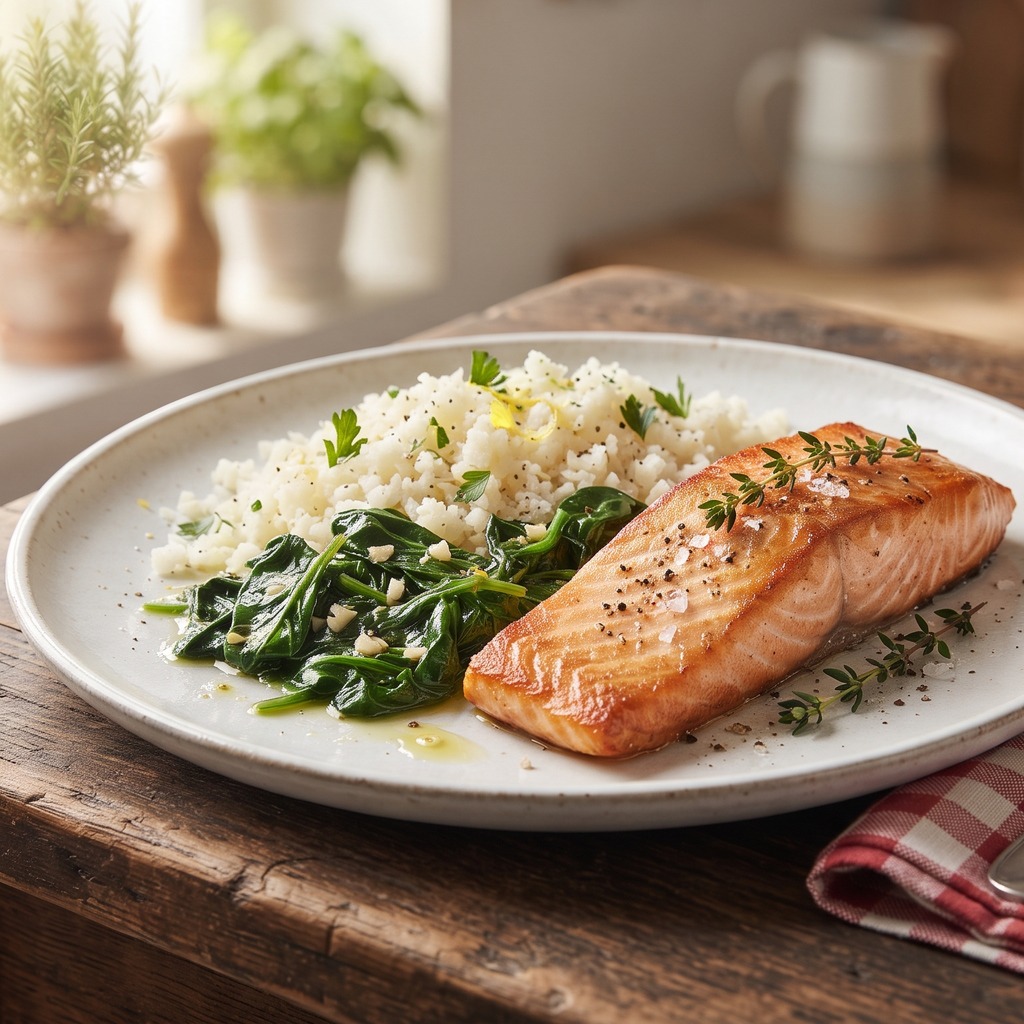 Saumon au paprika fumé, riz de chou-fleur sauté