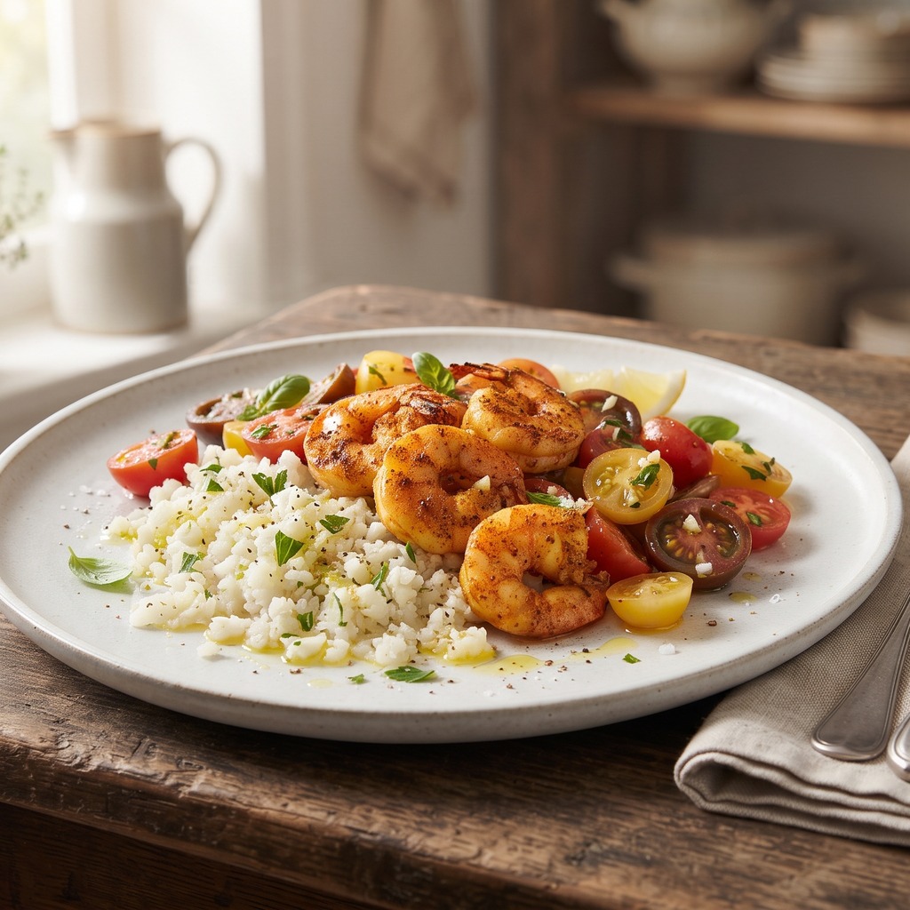 Crevettes épicées, riz de chou-fleur et tomates cerises