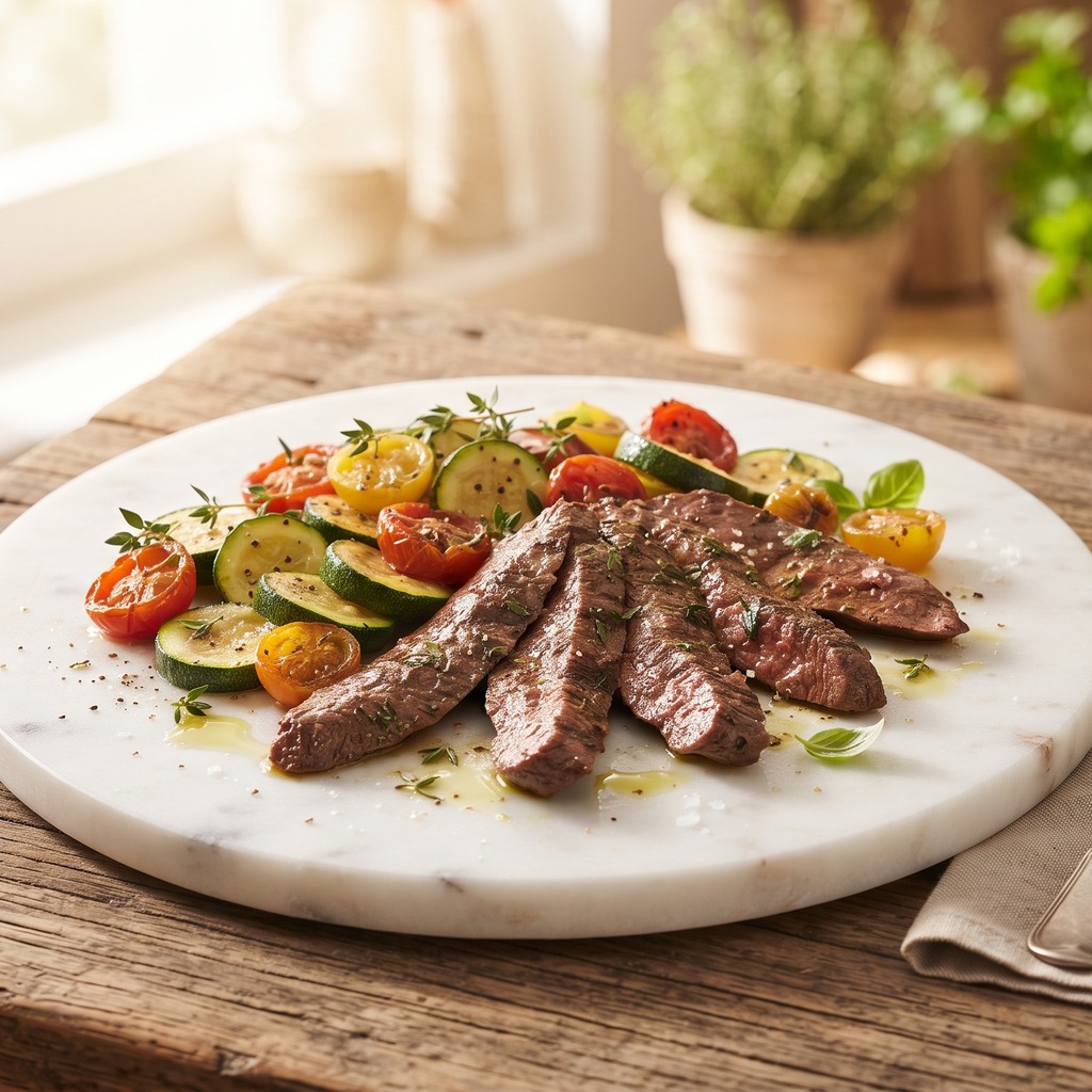 Lamelles de bœuf marinées, courgettes et tomates cerises