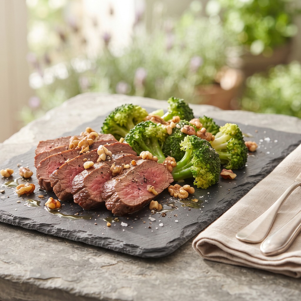 Bœuf poêlé, brocoli vapeur et noix concassées