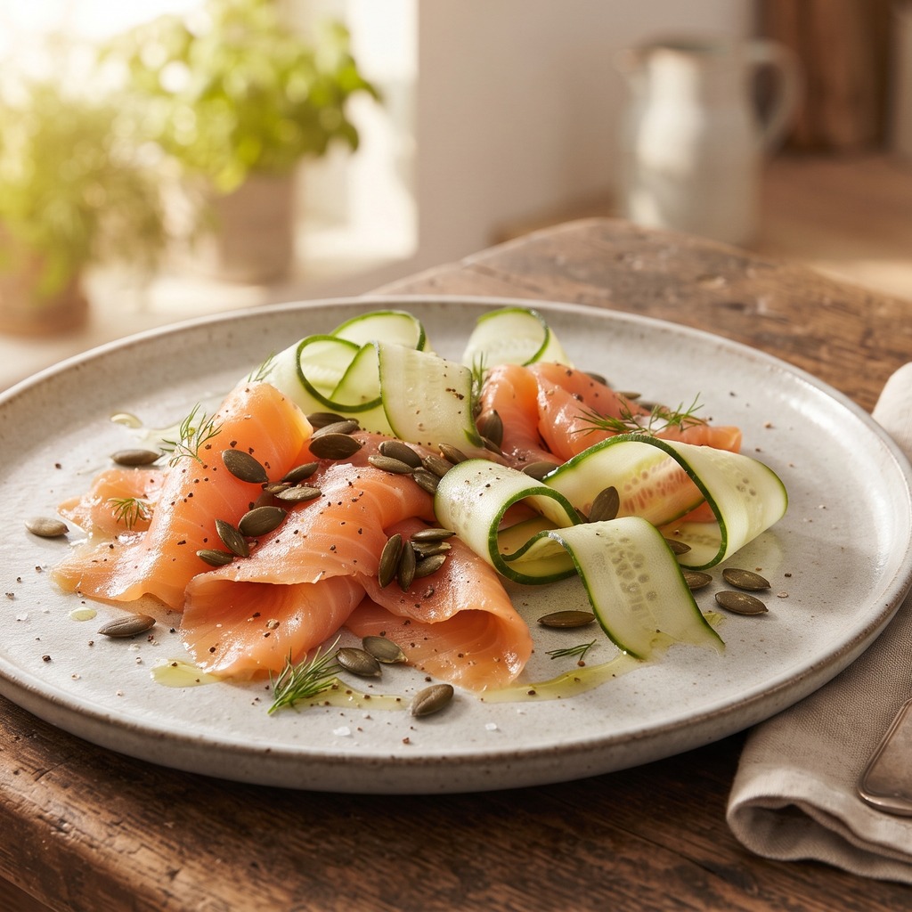 Saumon fumé, concombre et graines de courge