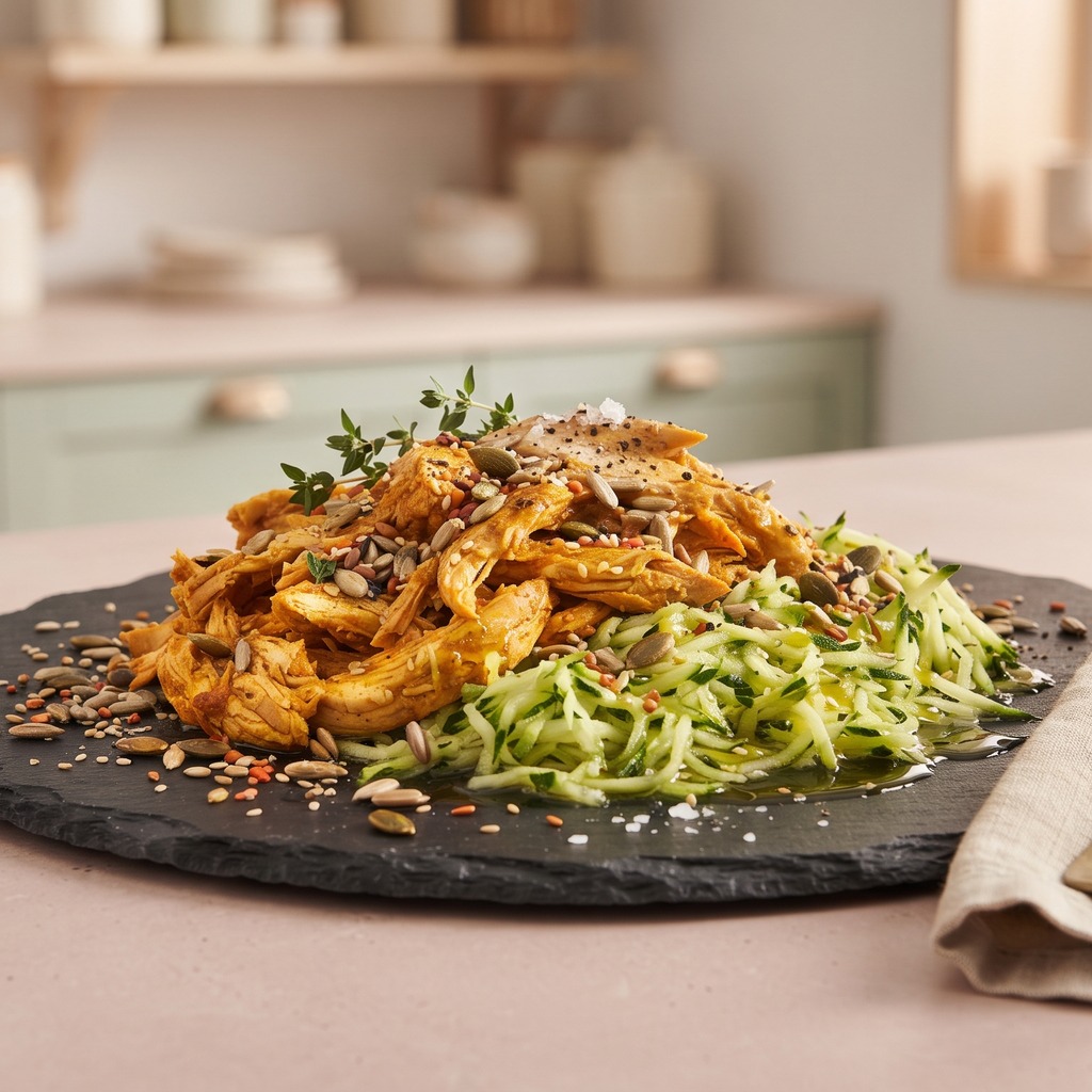 Poulet effiloché au paprika, courgette râpée et graines