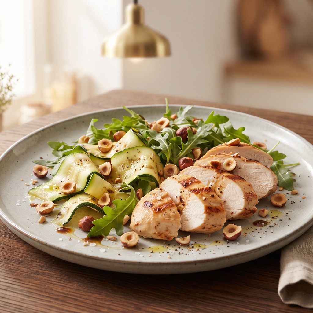 Poulet et courgette grillés, roquette et noisettes