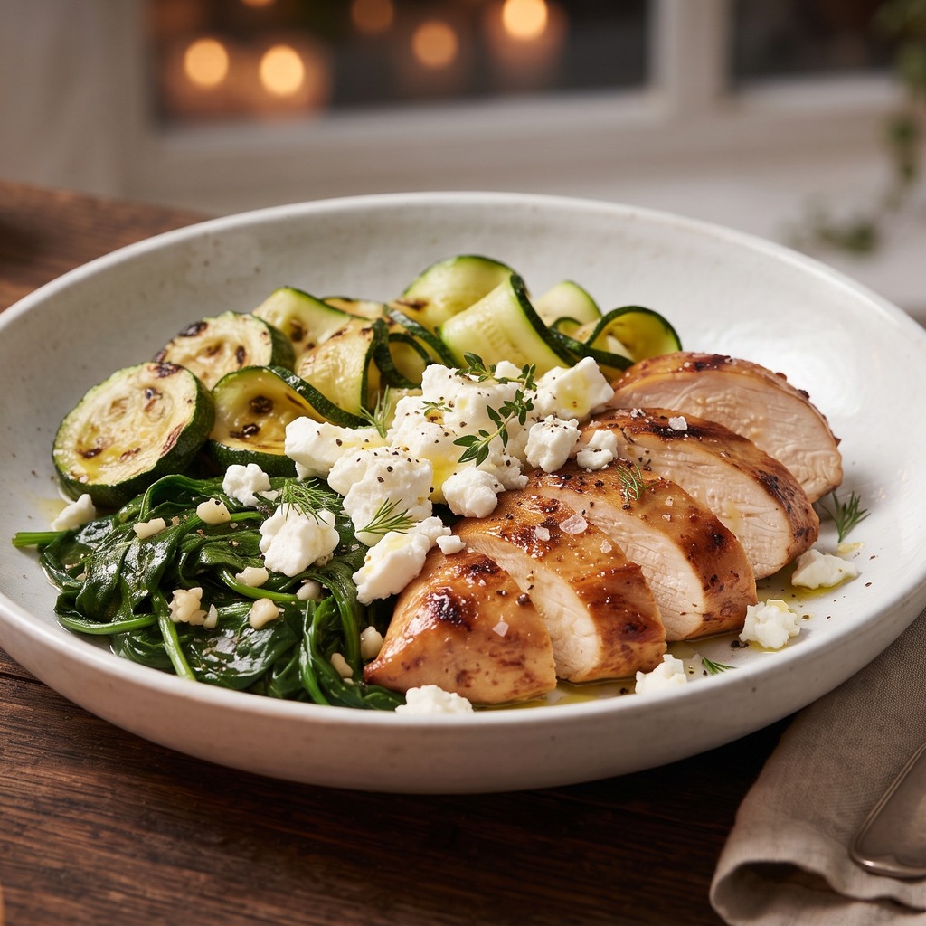 Poulet et courgette grillés, feta et épinards