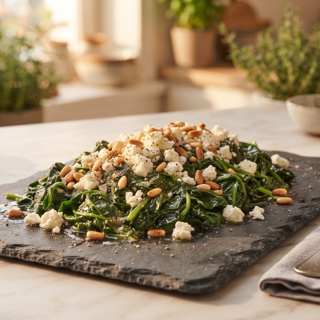 Épinards tombés, feta et pignons dorés