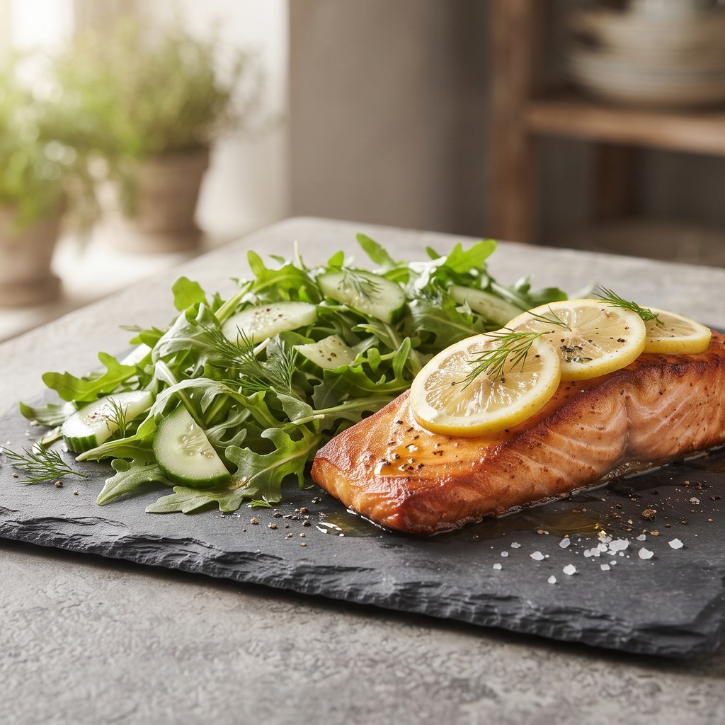 Saumon poêlé au citron, roquette et concombre