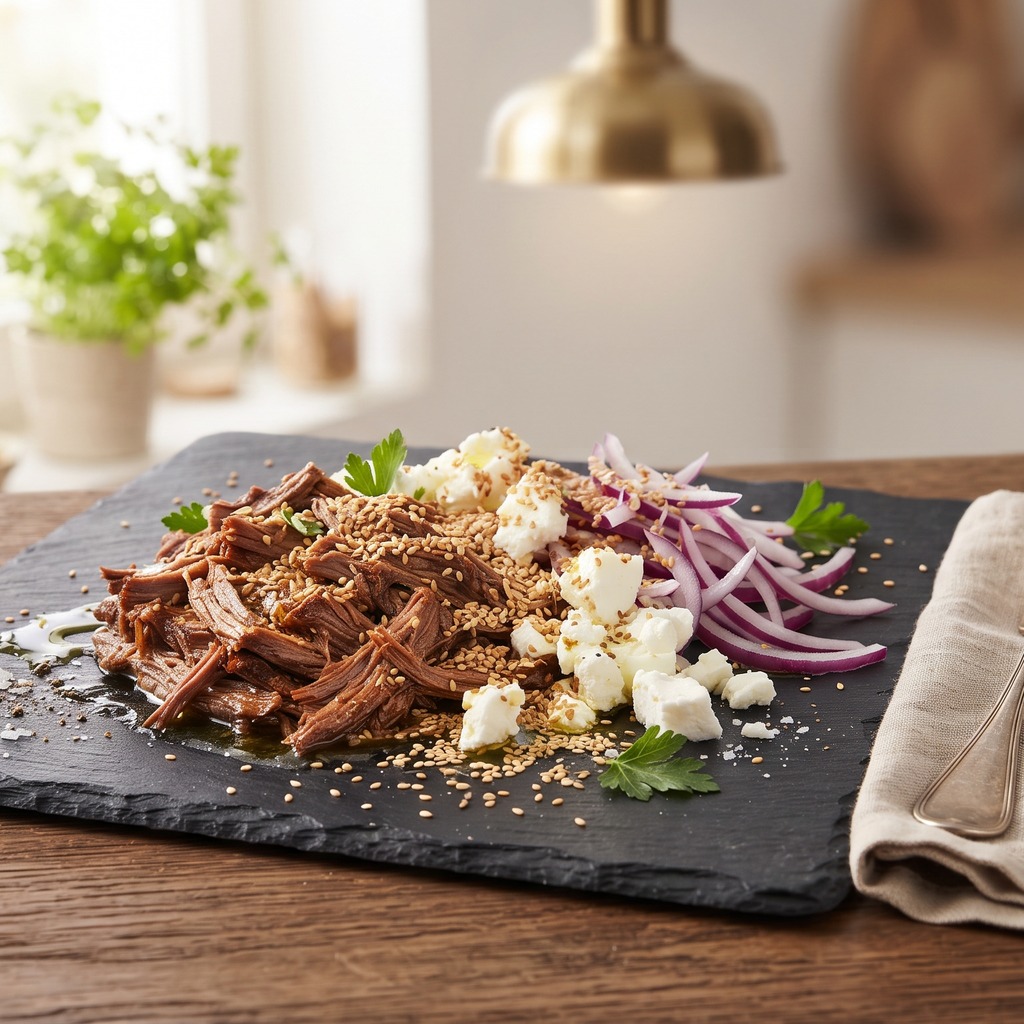 Bœuf effiloché, feta, oignon rouge et sésame