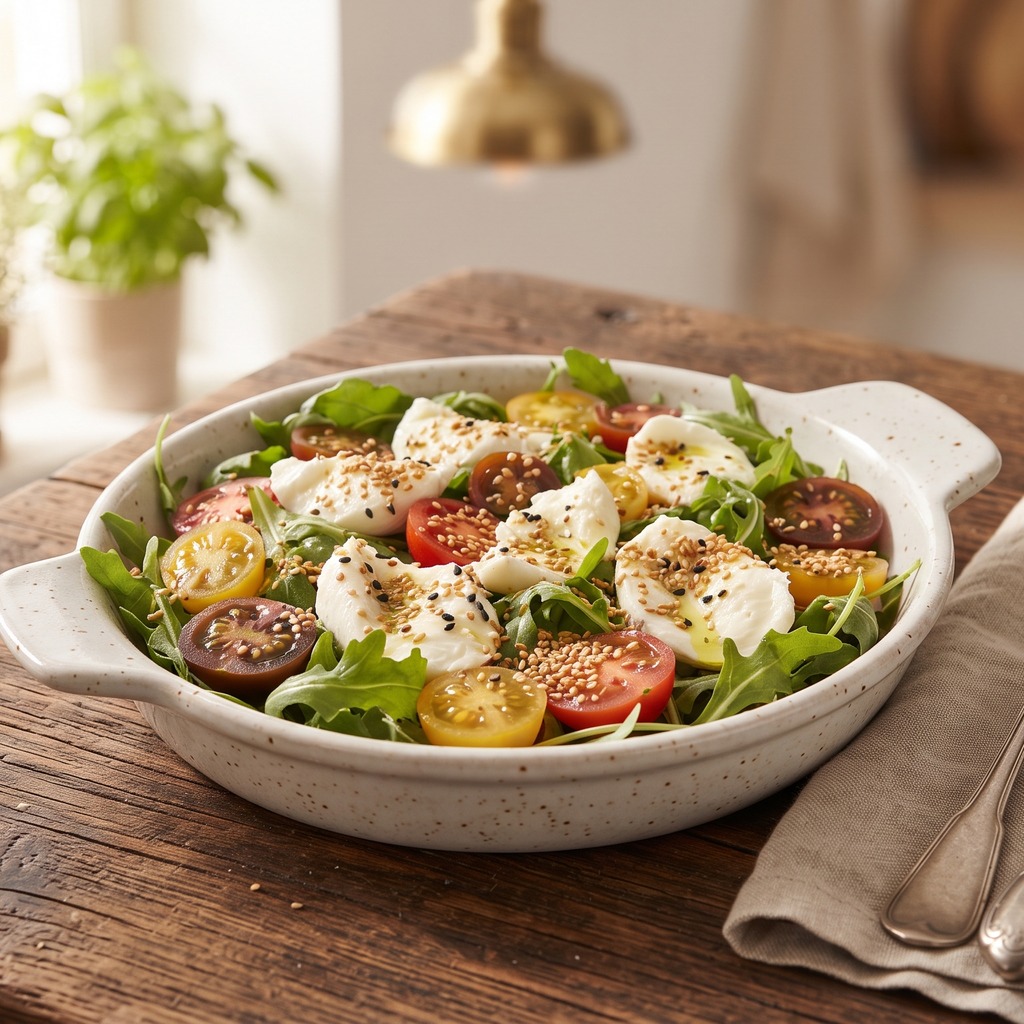 Roquette, tomates cerises, mozzarella et sésame
