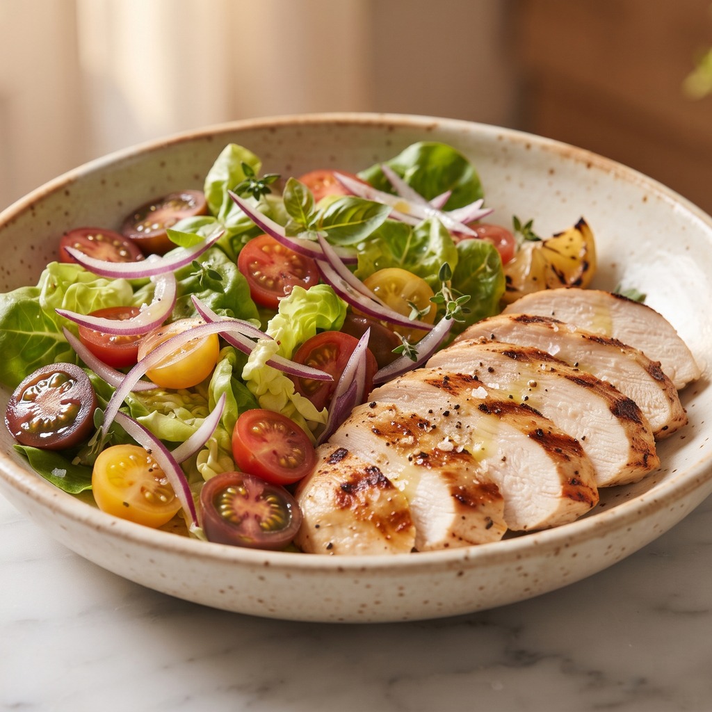 Poulet grillé au paprika fumé, laitue et oignon rouge