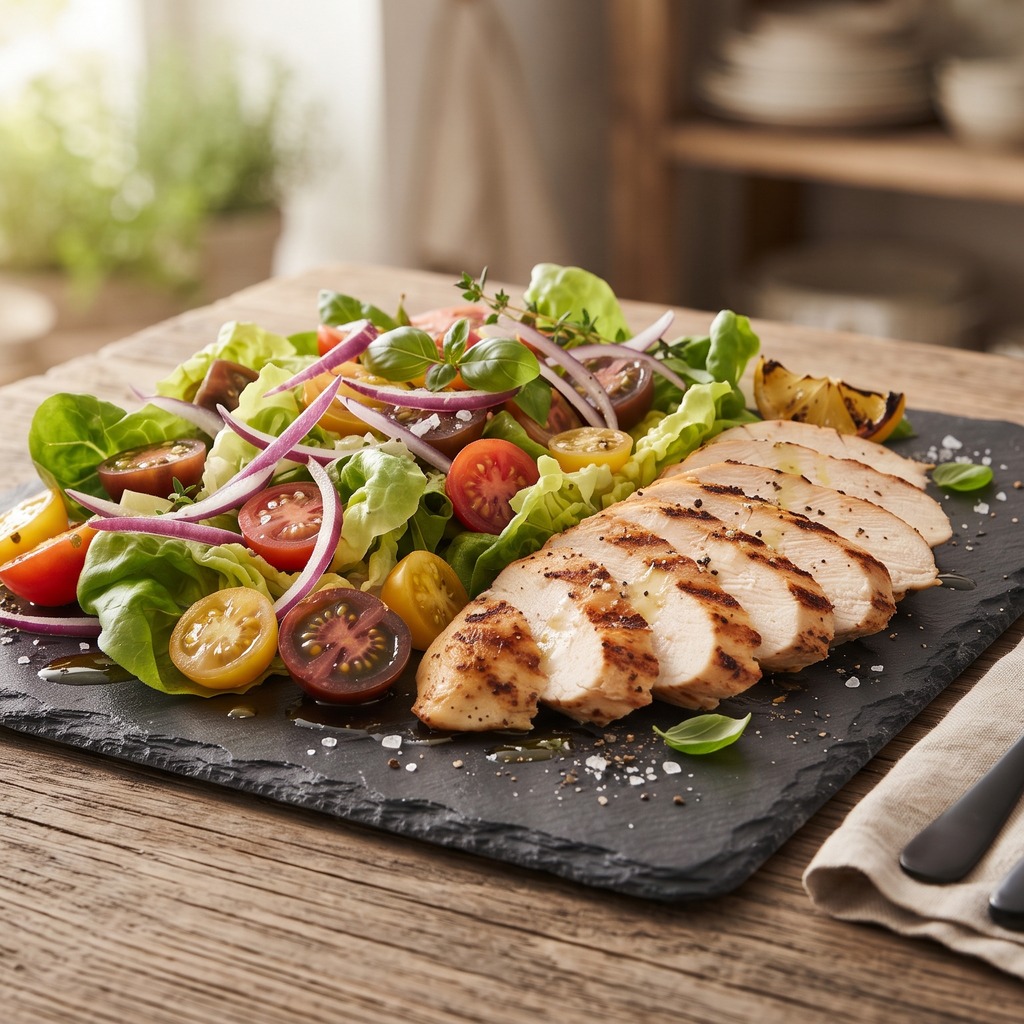 Poulet grillé au paprika fumé, laitue et oignon rouge
