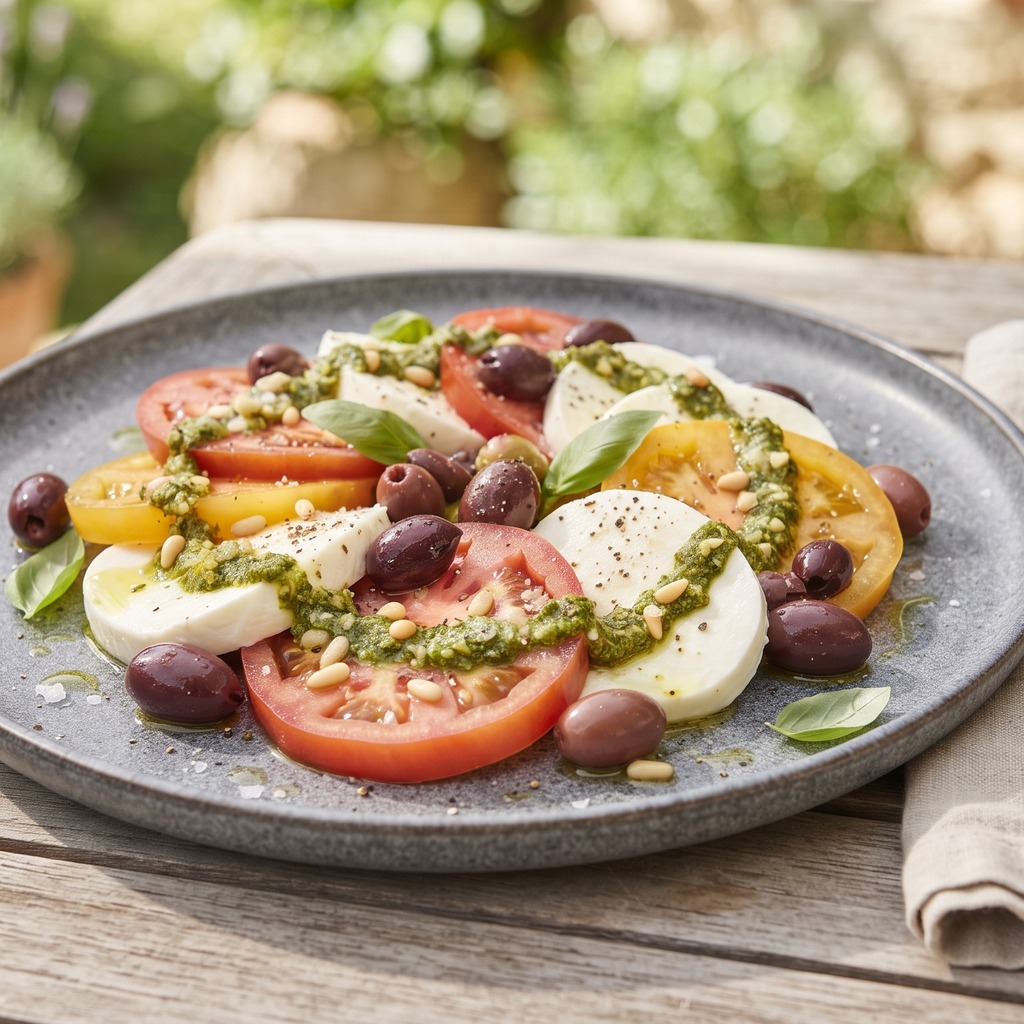 Tomates, mozzarella, olives et pesto