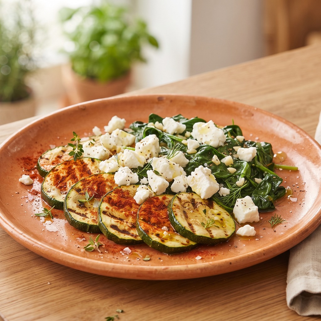 Courgettes grillées au paprika, feta et épinards