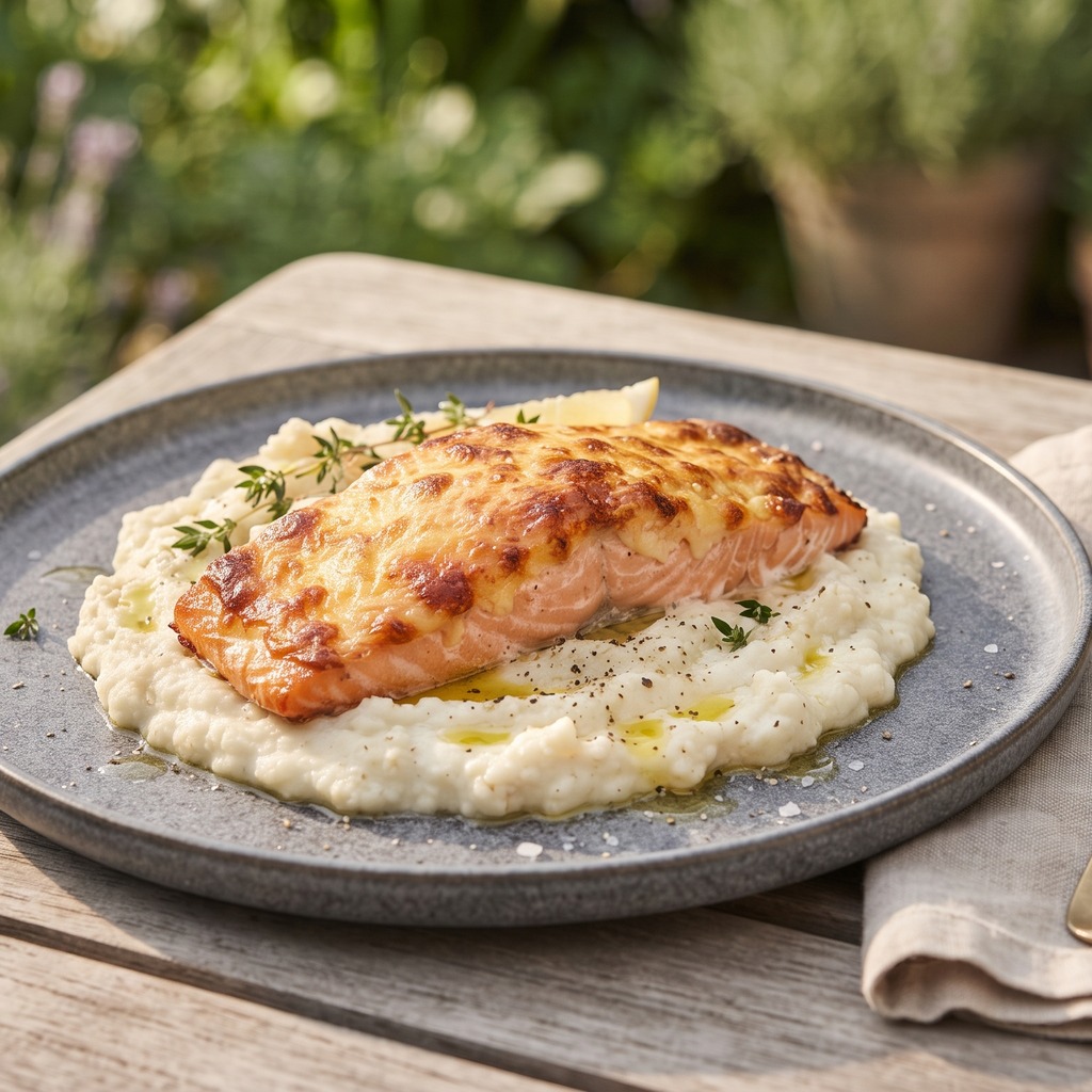 Gratin de saumon sur purée de chou-fleur au fromage frais