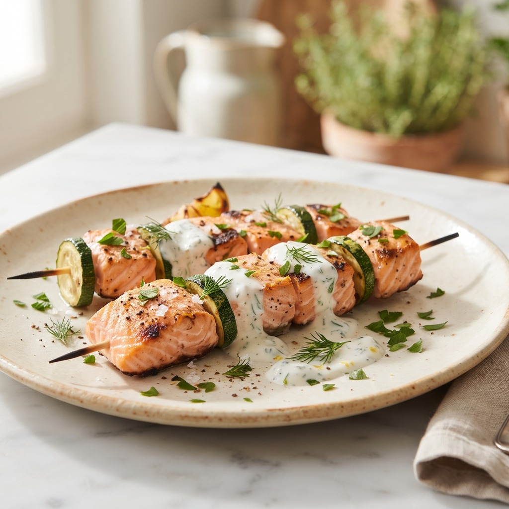 Brochettes de saumon et courgette, sauce au yaourt