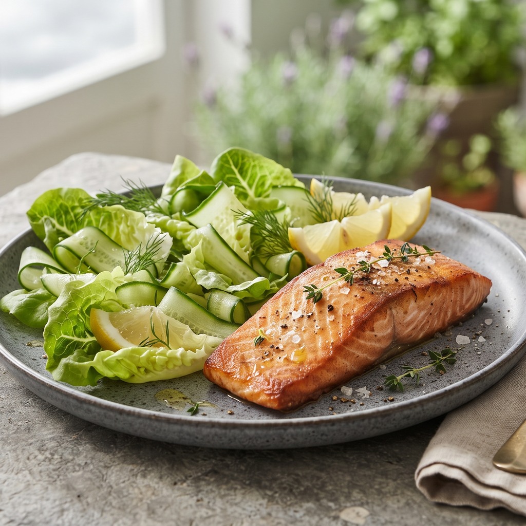 Saumon poêlé, laitue et concombre au citron