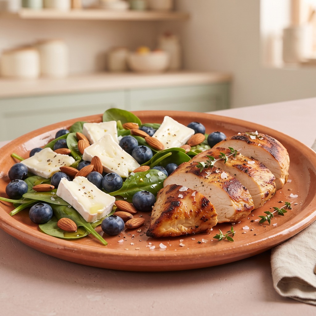 Poulet grillé, brie, amandes et myrtilles