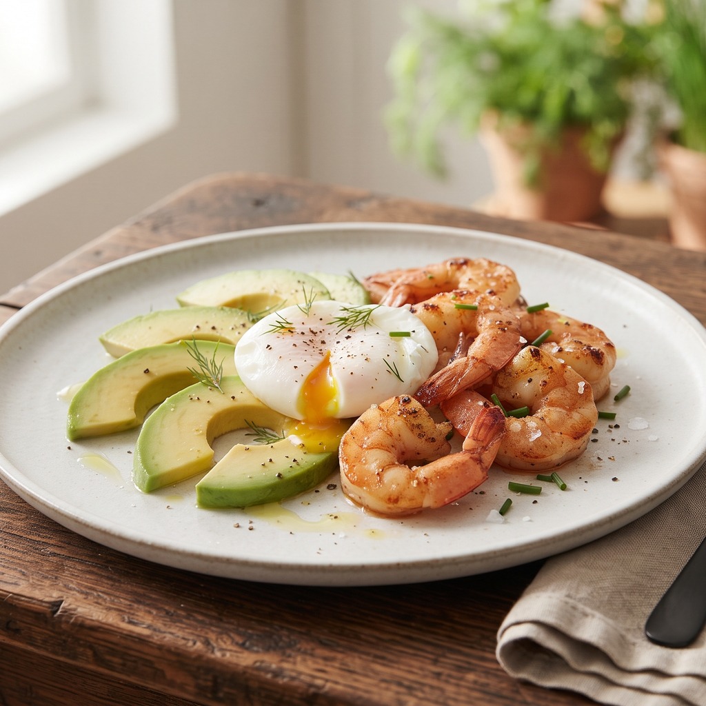 Crevettes poêlées, œuf poché et avocat