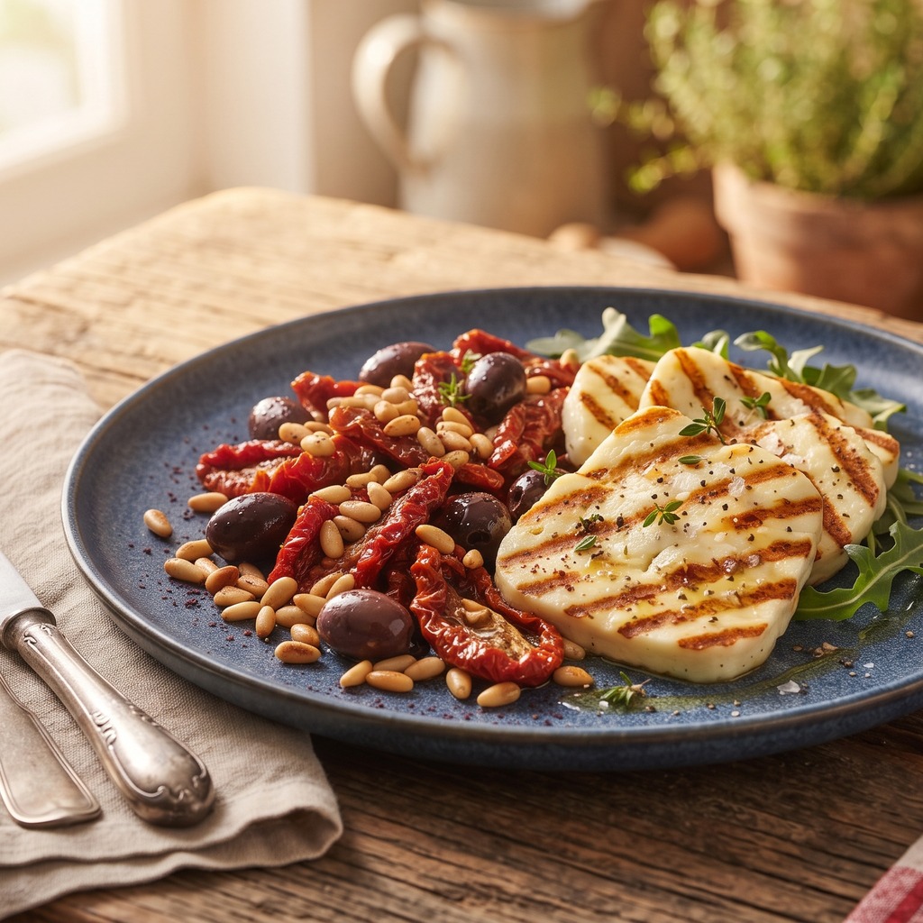 Halloumi grillé, tomates séchées et pignons de pin