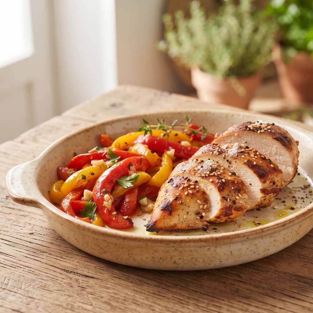 Poulet grillé, poivron et graines de sésame