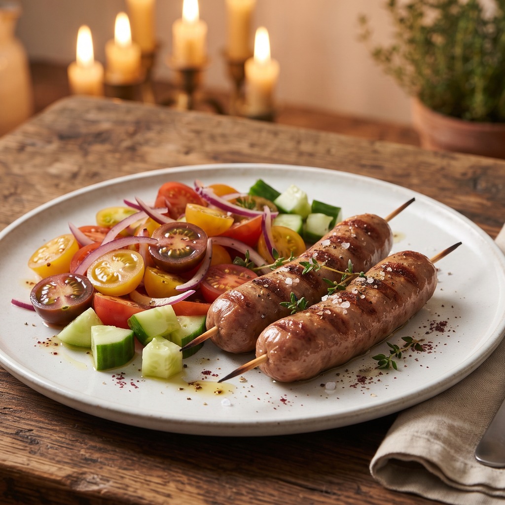 Saucisses de bœuf grillées en brochette, salade de tomate