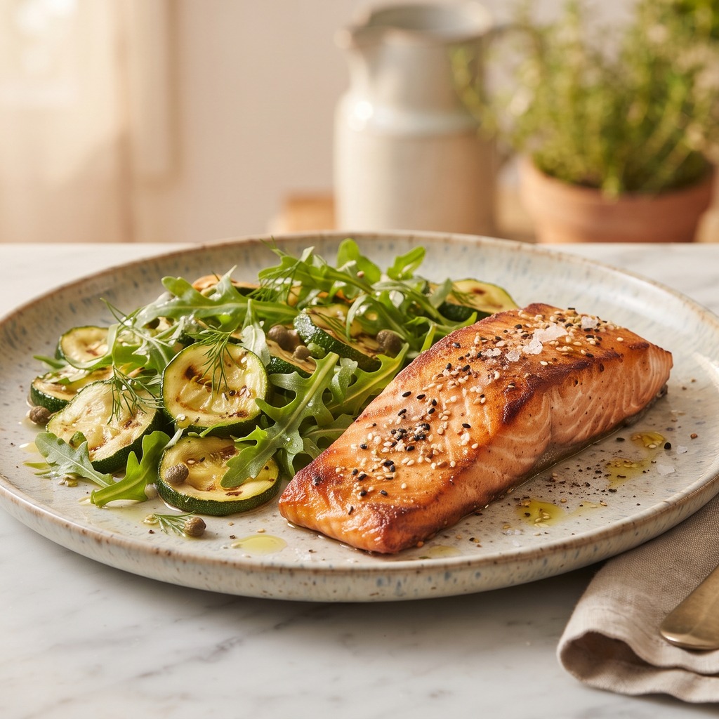 Saumon et courgettes grillés, roquette et sésame