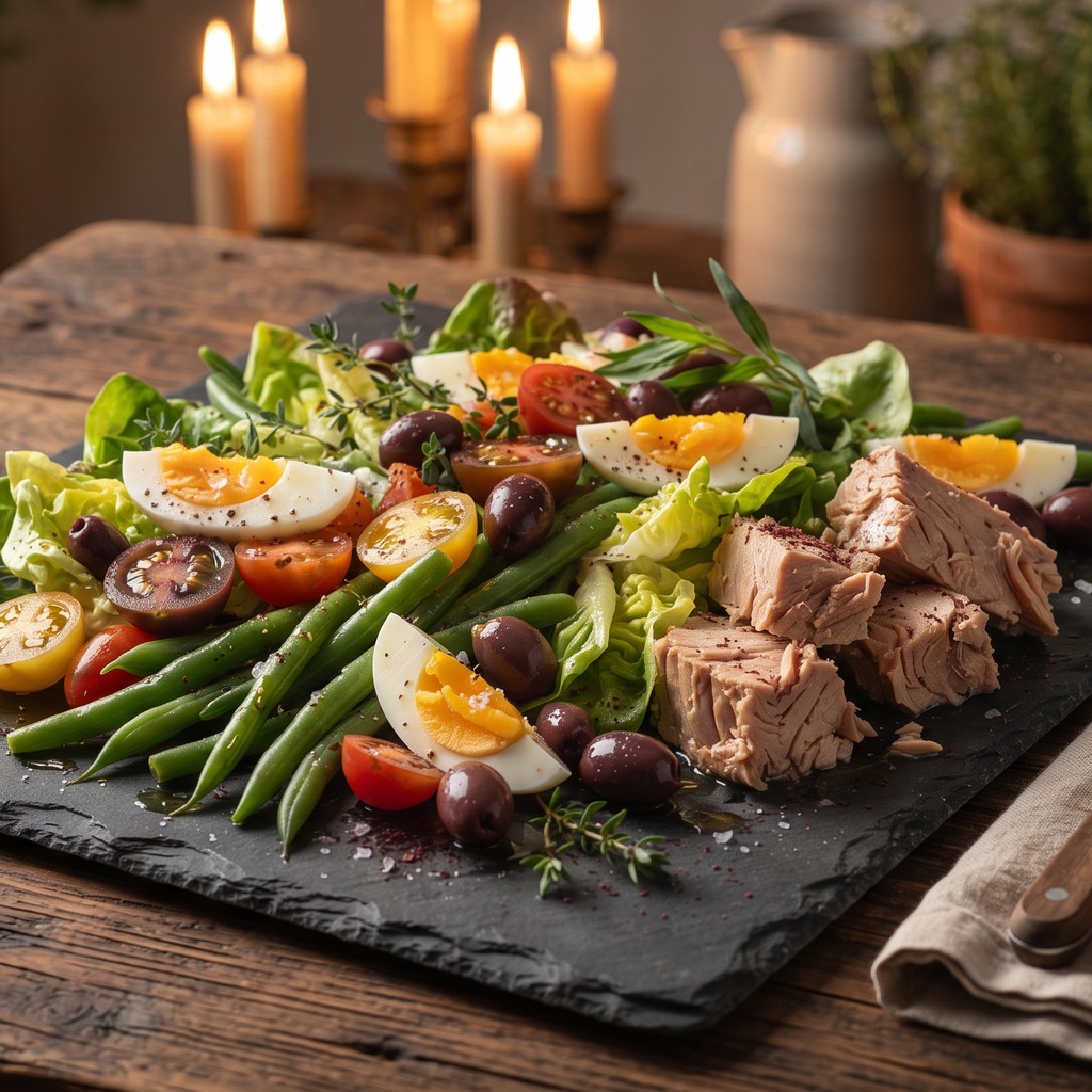 Salade niçoise au thon, haricots verts et olives