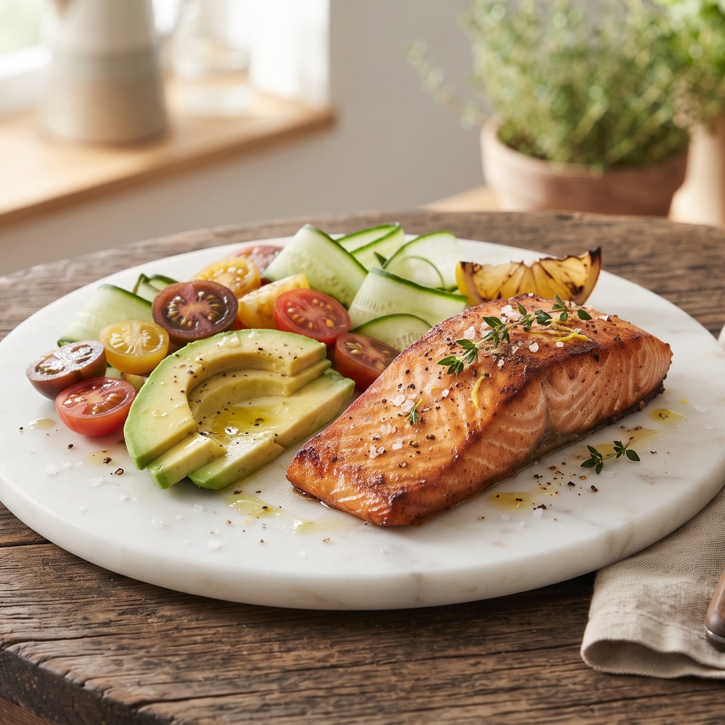 Saumon grillé, avocat, tomates cerises et concombre