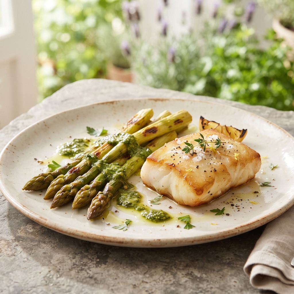 Cabillaud et asperges poêlés, nappés de pesto