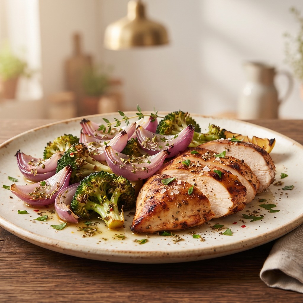 Poulet et légumes grillés, vinaigrette à l'origan