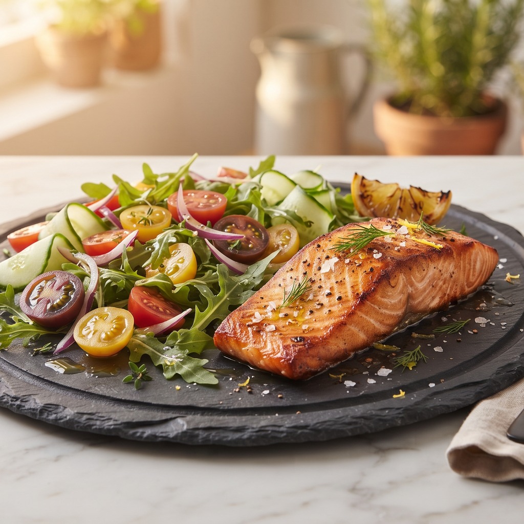 Saumon grillé, roquette, tomates et concombre