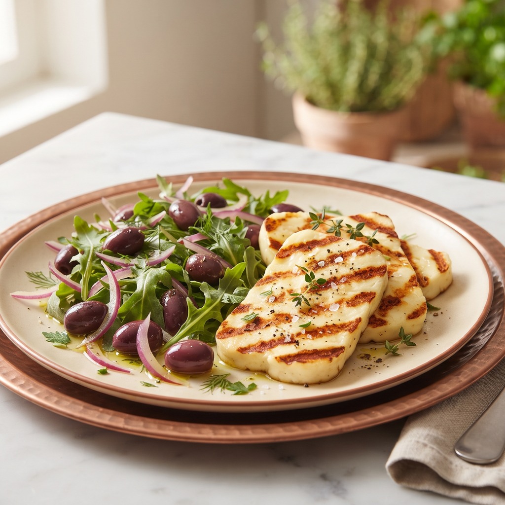 Halloumi grillé, roquette et olives Kalamata