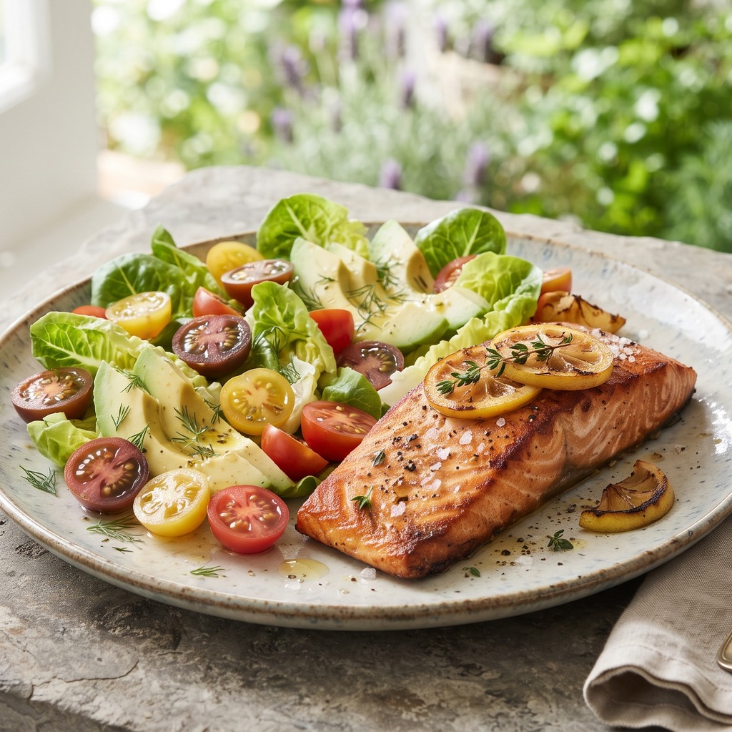 Saumon grillé, tomates et avocat au citron