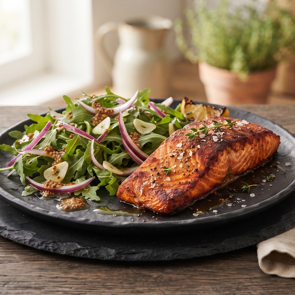 Saumon au paprika, roquette et vinaigrette à la moutarde