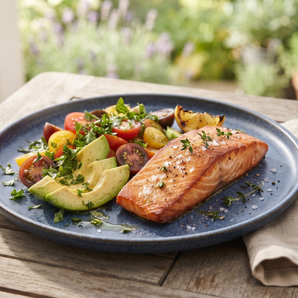 Saumon poêlé, tomate, avocat et persil