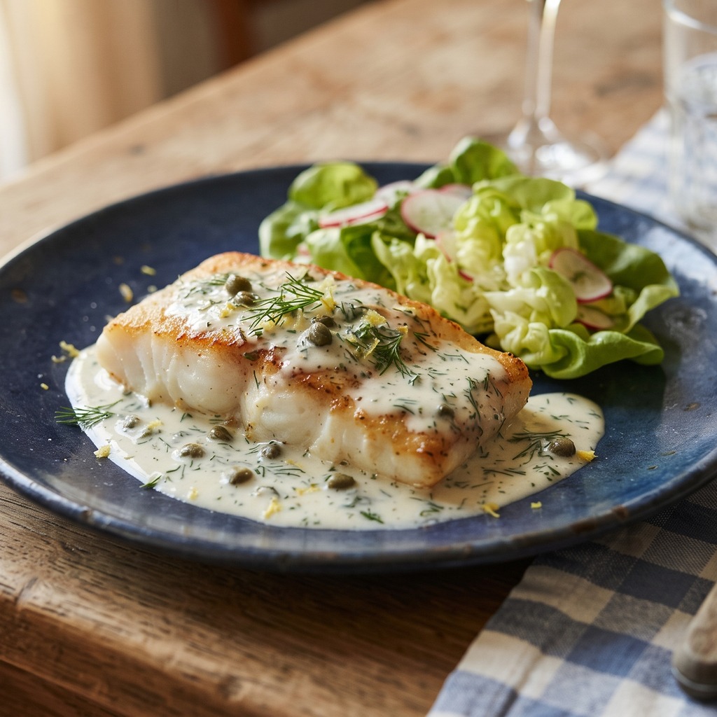 Cabillaud poêlé, sauce crémeuse à l'aneth