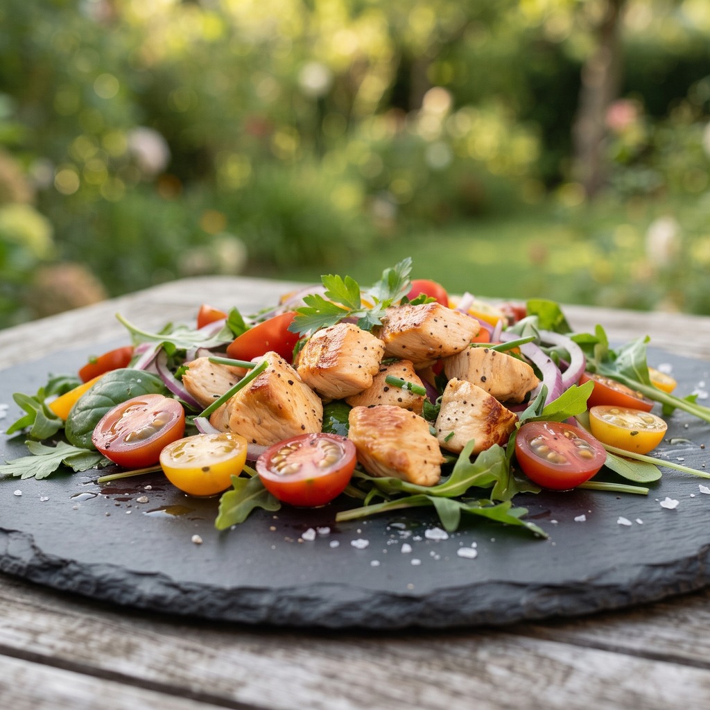 Salade de poulet, tomates cerises et citron