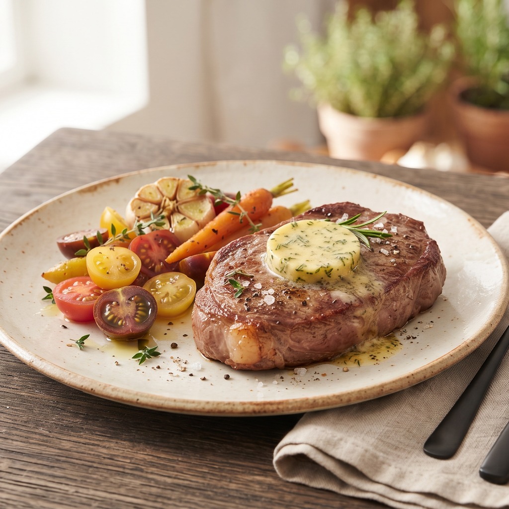 Faux-filet grillé, beurre au thym et romarin
