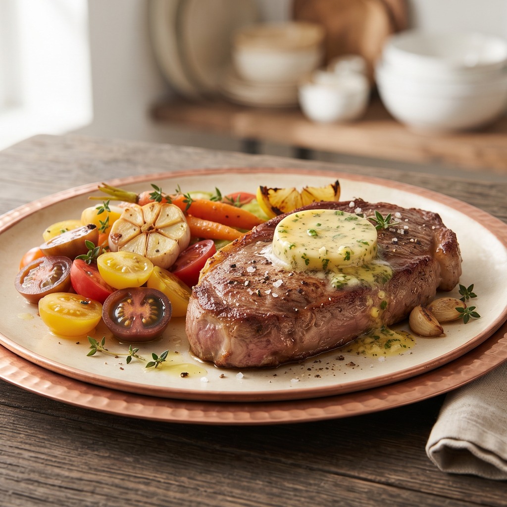 Faux-filet grillé, beurre à l'ail et persil