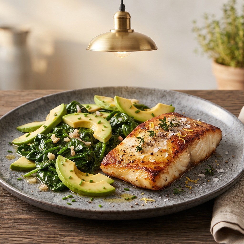 Flétan grillé, épinards au beurre et avocat