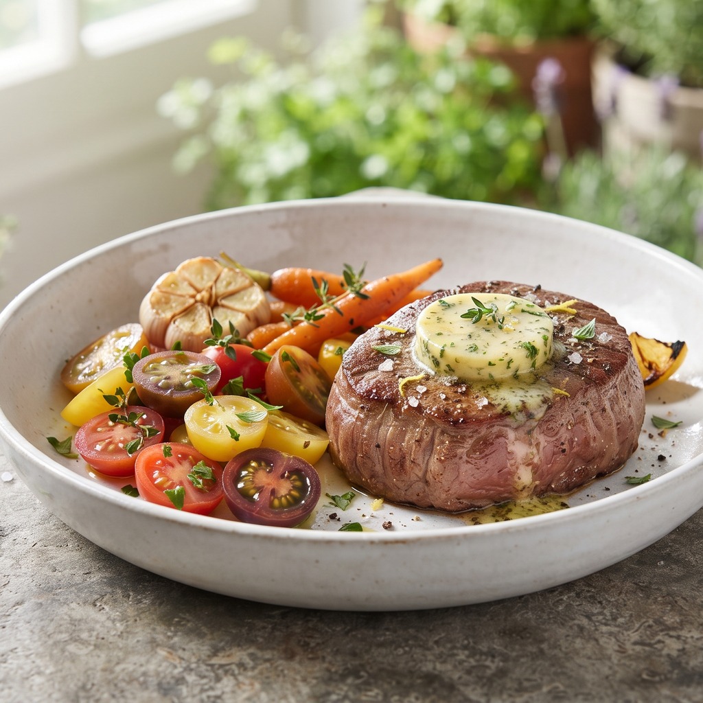 Filet de bœuf grillé, beurre au thym et persil