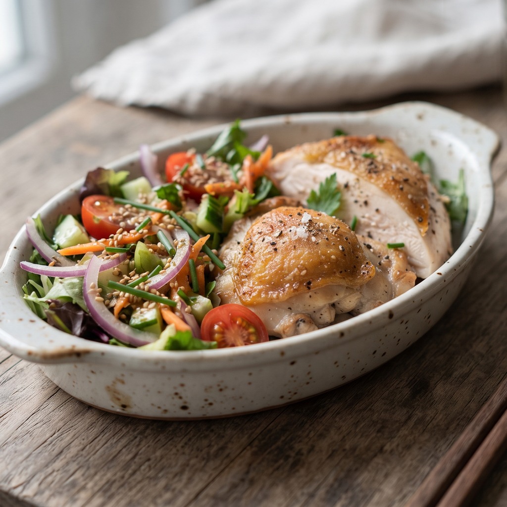 Poulet rôti et salade croquante, vinaigrette sésame