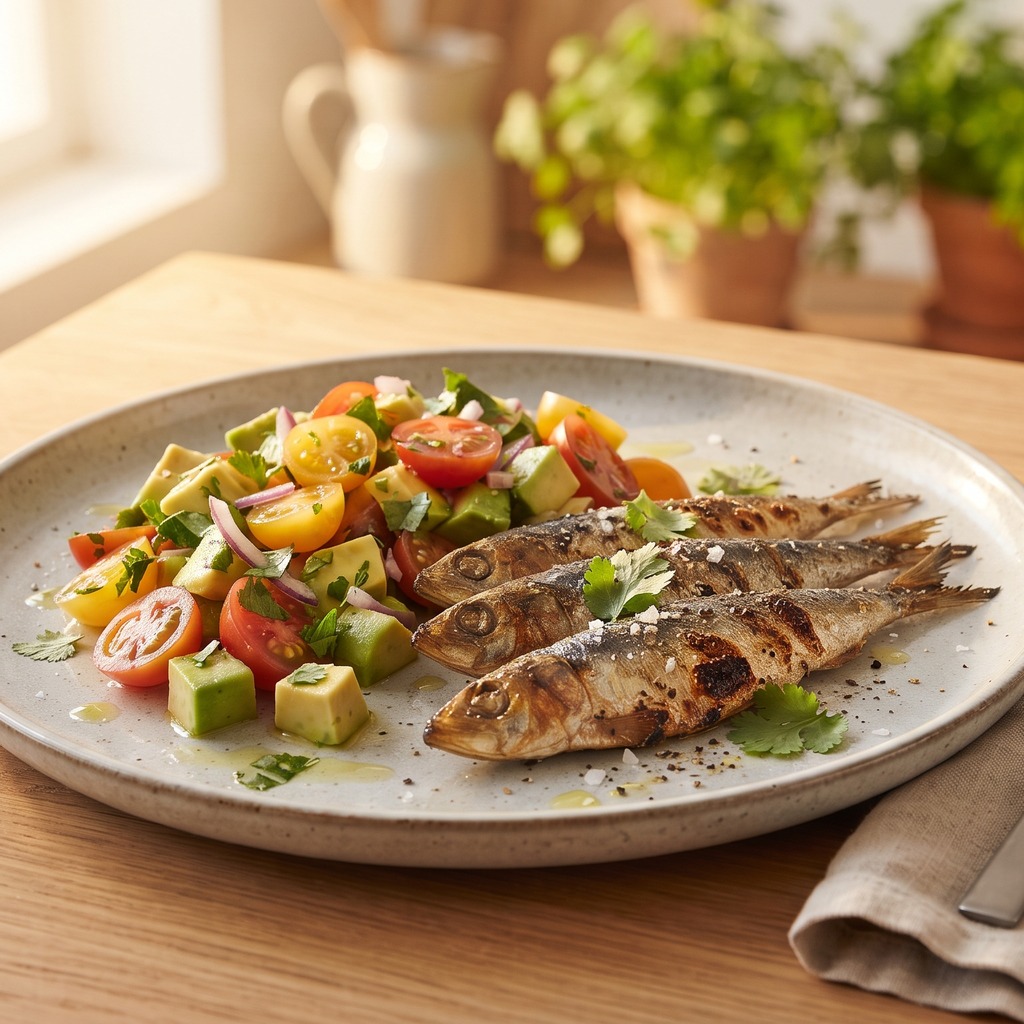 Sardines grillées, salsa avocat-tomate à la coriandre