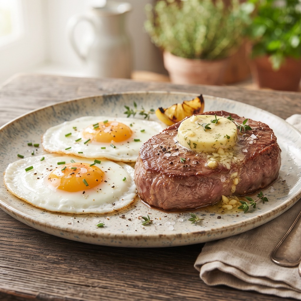 Steak saisi au beurre, œufs au plat