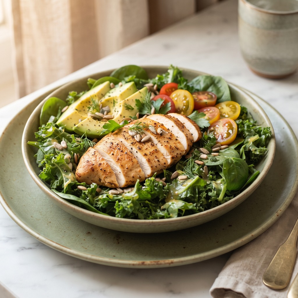Bol de chou frisé, poulet et avocat