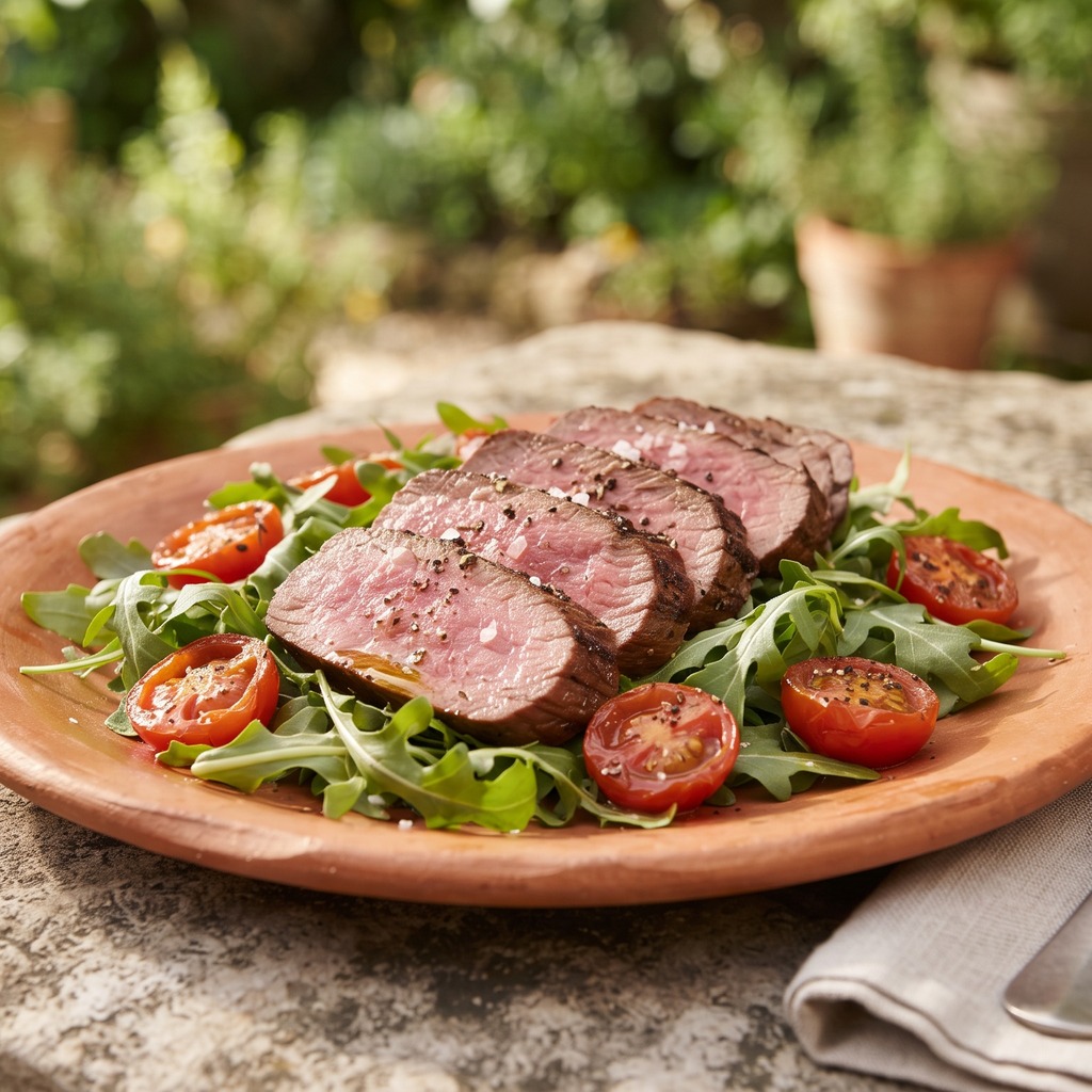 Filet de bœuf mi-cuit, roquette et tomates cerises